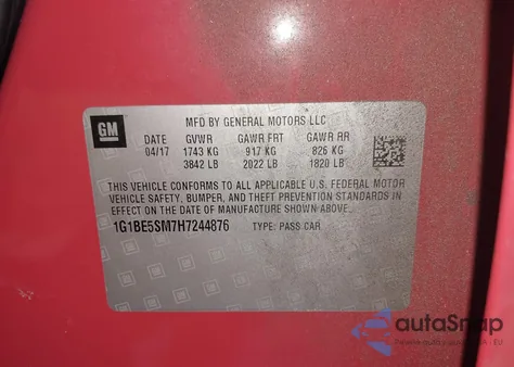 2017 Chevrolet Cruze Lt Auto from USA, damaged, VIN 1G1BE5SM7H7244876